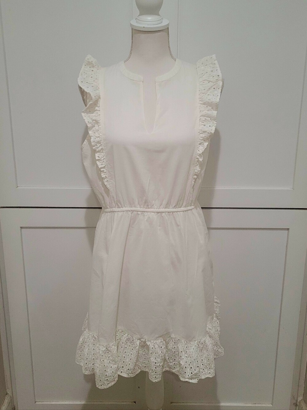 Steve Madden 100% Cotton White Eyelet Ruffle Mini Dress | Size Large - Picture 2 of 7